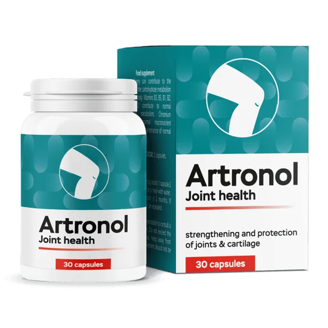 Bote blanco y caja verde azulada de Artronol Joint health con 30 cápsulas, vitaminas del grupo B y cromo
