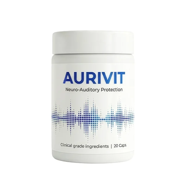 Bote blanco de Aurivit con onda sonora azul, complemento alimenticio de 20 cápsulas para el bienestar auditivo