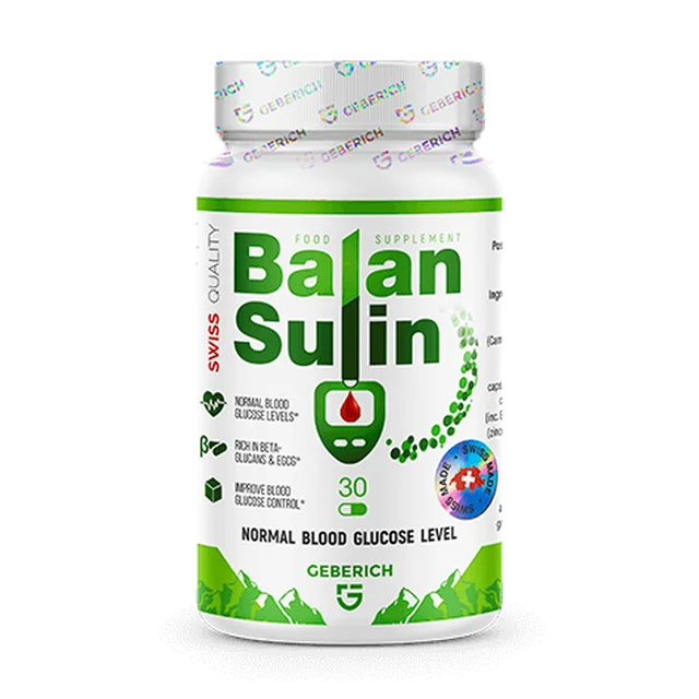 Bote verde y blanco de BalanSulin de la marca Geberich con 30 cápsulas, complemento con shiitake, té verde y berberina