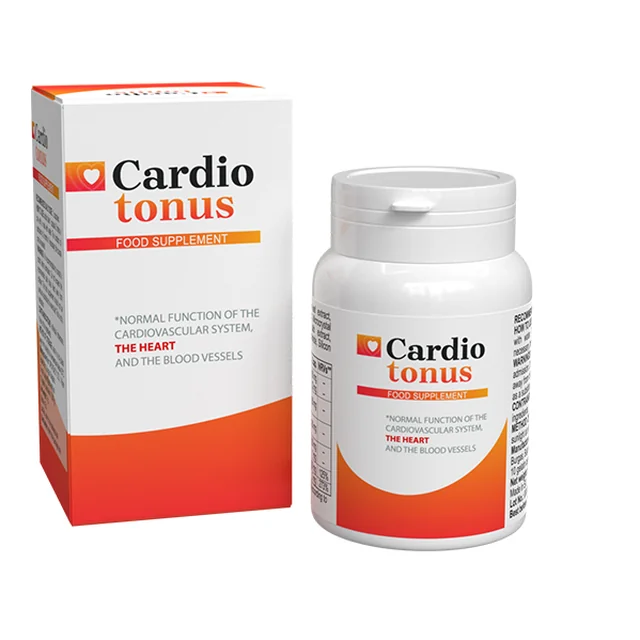 Caja y bote blanco de Cardiotonus, complemento alimenticio para la función normal del sistema cardiovascular