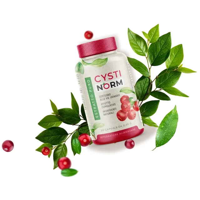 Bote blanco de Cystinorm rodeado de arándanos rojos, complemento alimenticio de 30 cápsulas de 0,50 g para las vías urinarias