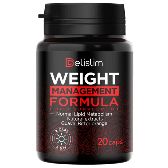 Bote negro y rojo de Delislim, complemento alimenticio de control de peso con extractos de guayaba y naranja amarga, 20 cápsulas