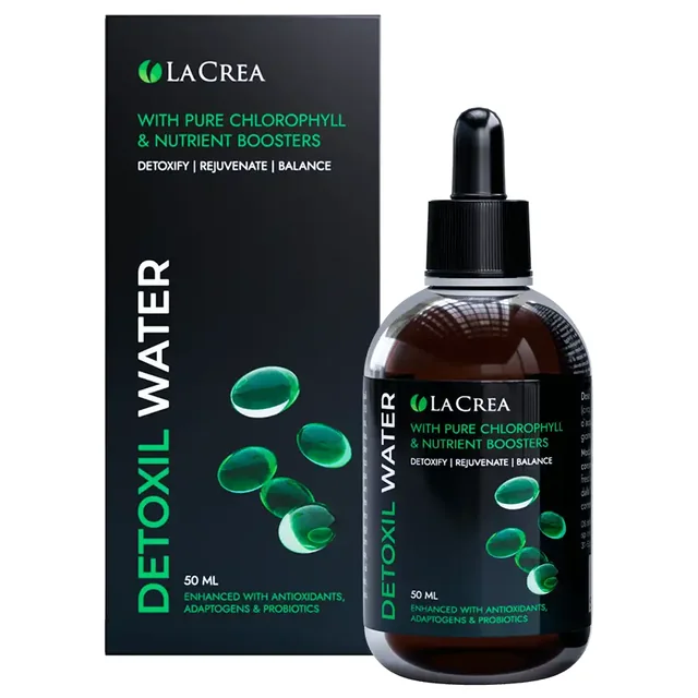 Frasco cuentagotas ámbar y estuche negro Detoxil Water de LaCrea, de 50 ml y con clorofila pura
