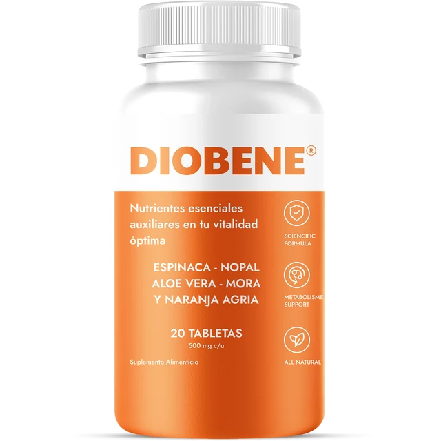 Bote naranja de Diobene, suplemento alimenticio con espinaca, nopal, aloe vera, mora y naranja agria, 20 tabletas
