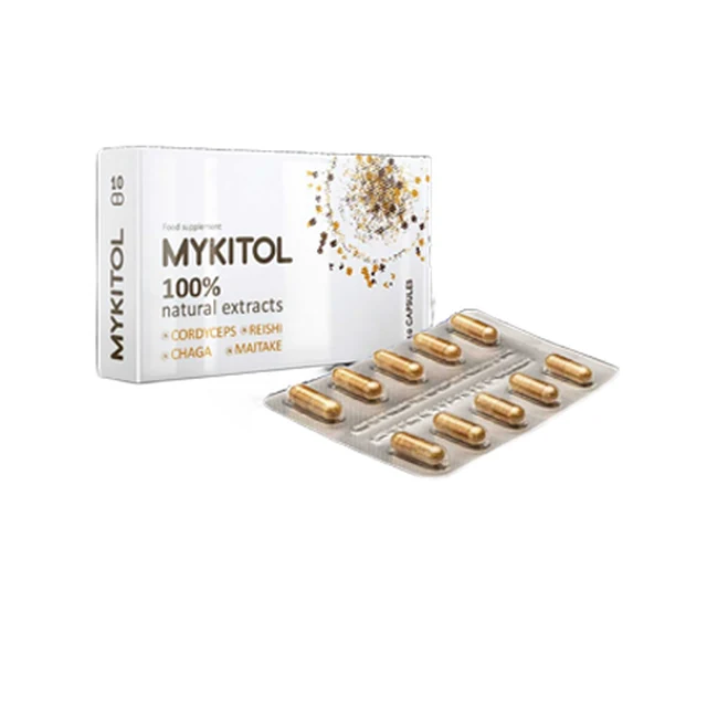 Estuche blanco y dorado de Mykitol con blíster de diez cápsulas, extractos de cordyceps, reishi, chaga y maitake