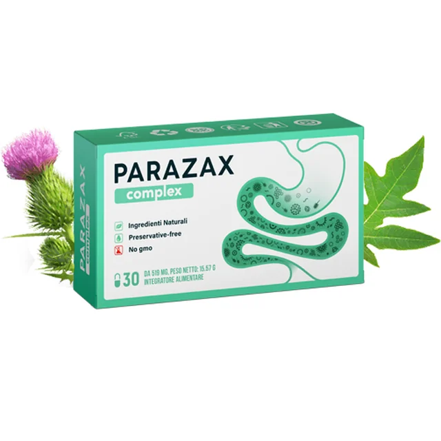 Caja verde de Parazax Complex, complemento alimenticio de 30 cápsulas de 519 mg con ingredientes naturales sin OGM