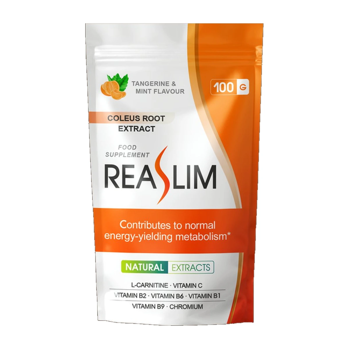 Envase de Reaslim 100 g con sabor a mandarina y menta, complemento alimenticio con extracto de raíz de Coleus, L-carnitina, cromo y vitaminas del grupo B