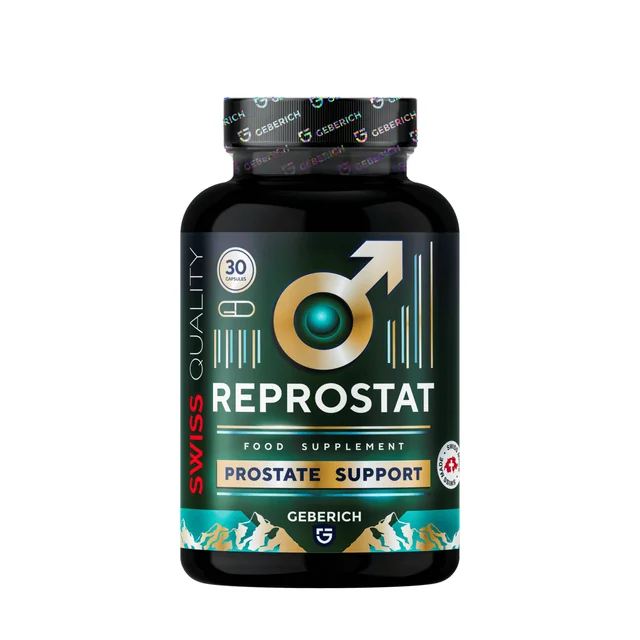 Bote negro de Reprostat, complemento alimenticio de apoyo prostático de la marca Geberich, 30 cápsulas