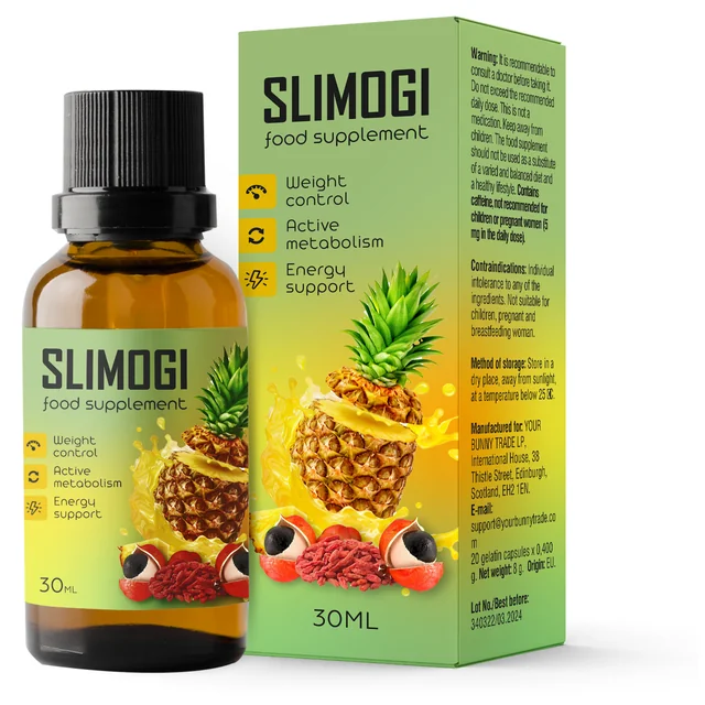 Frasco ámbar Slimogi de 30 ml con cuentagotas y caja verde con piña, litchi y goji