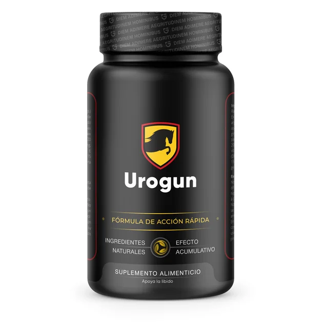 Bote negro Urogun con cápsulas de maca, ginseng y Serenoa repens, etiquetado como suplemento alimenticio