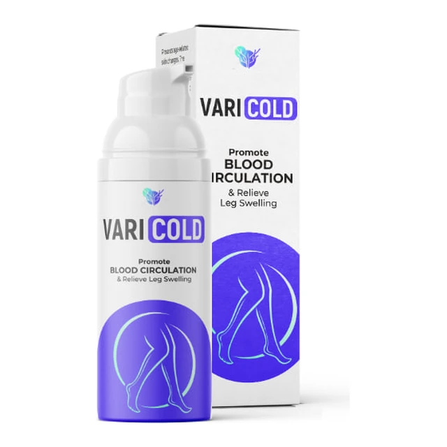 Envase dosificador airless de Varicold junto a su caja, gel cosmético de uso externo para el cuidado diario de las piernas