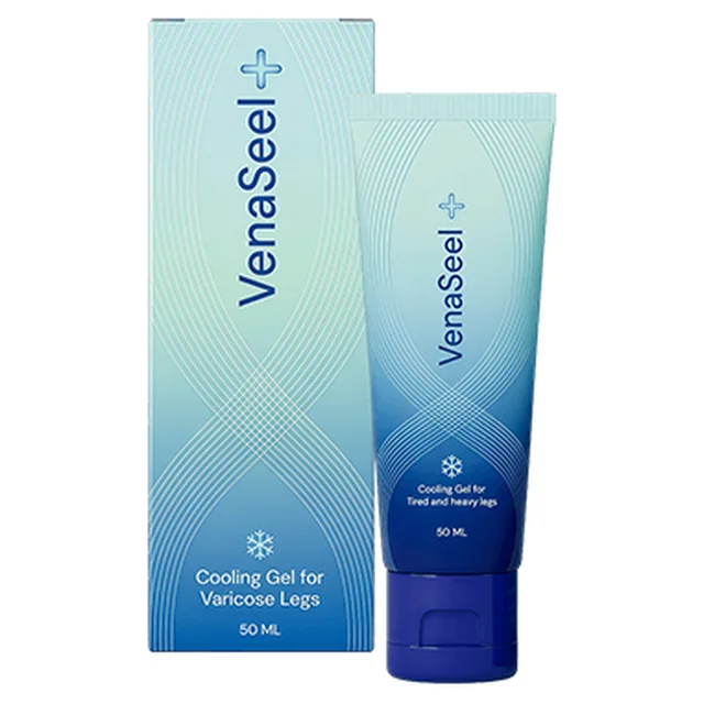 Caja y tubo de VenaSeel, gel de efecto frío para las piernas de 50 ml con copo de nieve impreso